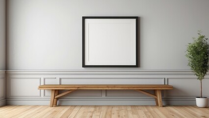 Minimalist room interior with wooden bench and frame