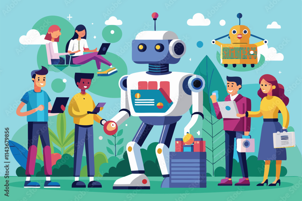 Poster a diverse group interacts with customizable robots in a vibrant, green environment people using cust