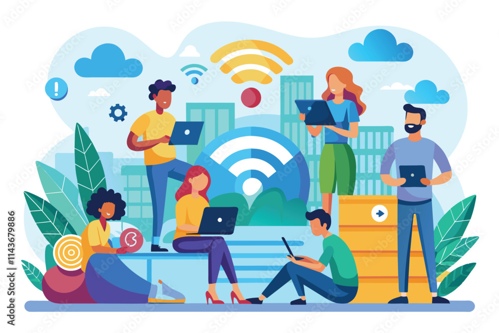 Poster a diverse group of individuals uses various devices to connect and interact with social media while 