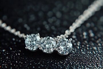 A close-up view of a three-stone diamond necklace featuring brilliant round-cut diamonds in a prong setting