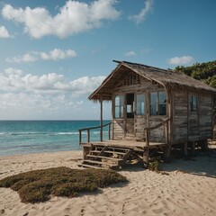Fototapeta premium A beach shack with a clear ocean backdrop.