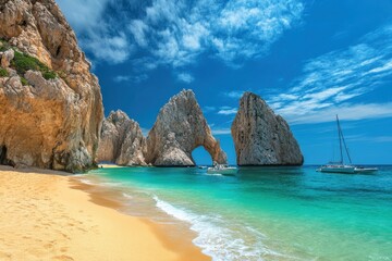 Fototapeta premium A coastal sanctuary where nature takes center stage. The golden sands of a quiet beach stretch out toward turquoise waters