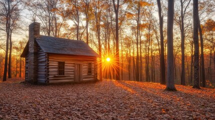 Autumn Sunrise Illuminates Rustic Log Cabin In Woods