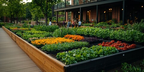 Fototapeta premium Urban Oasis: People Tending Plants in a Vibrant Garden 