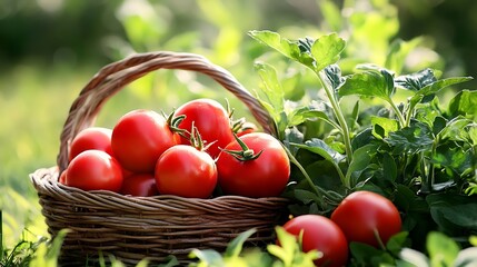 Fresh Tomatoes in a Basket. Garden Harvest Concept.