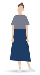 Young woman, girl in full growth. Wearing a T-shirt and a long skirt. Flat vector character isolated on white background.