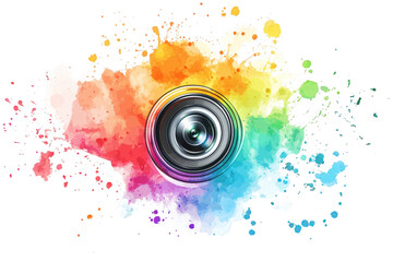 a colorful watercolor splash background with a camera lens in the center. symbolizing creativity and artistry
