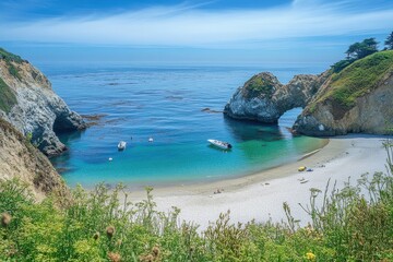 A coastal sanctuary where nature takes center stage. The golden sands of a quiet beach stretch out toward turquoise waters