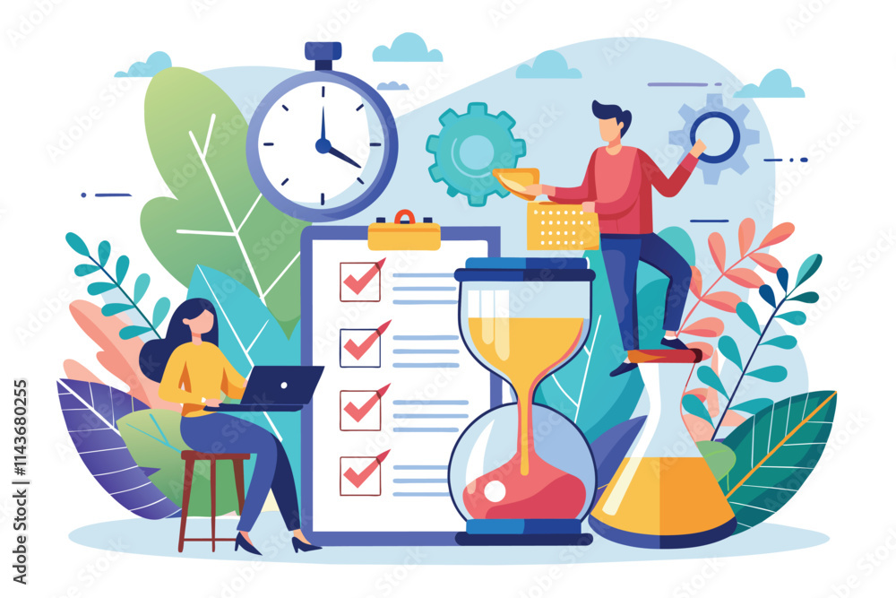 Poster a group of individuals focuses on completing tasks and managing deadlines in a colorful workspace pe