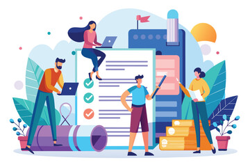 A group of individuals collaborates on contracts while surrounded by modern office elements and plants People working on contracts in a flat illustration.