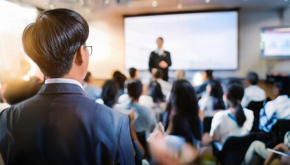 Conference room filled with attentive diverse audience listening on blurred speaker presenter man with projection screen at front