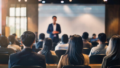 Conference room filled with attentive diverse audience listening on blurred speaker presenter man with projection screen at front