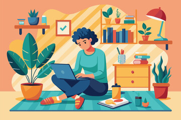 Fototapeta premium A person sits on a rug, focused on a laptop in a bright, welcoming living space with greenery Person doing activities at home, flat drawing