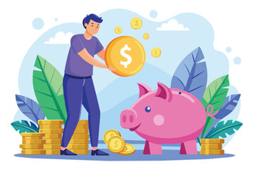A person is putting coins into a piggy bank while surrounded by lush greenery and a bright blue sky Person saving money by putting coins in a piggy bank, shown in a flat illustration.