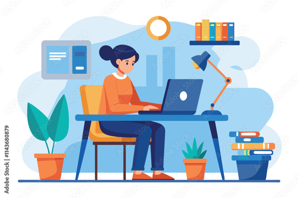 Poster a focused person types on a laptop at a desk surrounded by plants and books, showing a productive wo