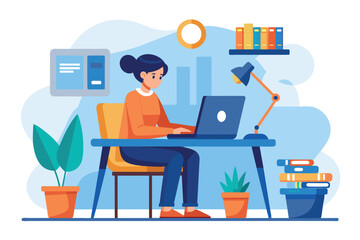 A focused person types on a laptop at a desk surrounded by plants and books, showing a productive workspace Person working on a project at a desk with a computer, simple illustration.