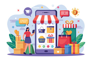 Naklejka premium A person interacts with a shopping app on their phone, exploring various products and offers Online shopping app with a flat illustration for smartphones.