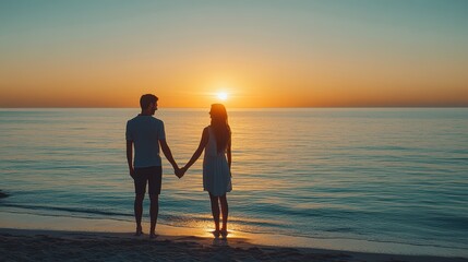 A romantic couple holding hands on a beach during sunset, with the glowing horizon in the background