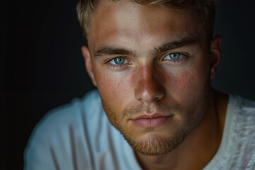 A young man with blue eyes looking at the camera