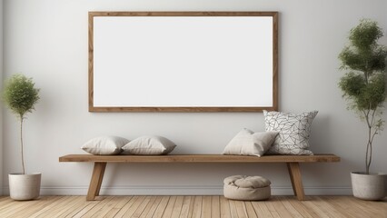 Wooden Bench Minimalist Room Decor With Blank Frame
