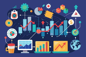 Fototapeta premium This visual representation shows various market trends and data analysis tools for trading strategies Plan when to trade based on market trends and whether the market is moving up or down.