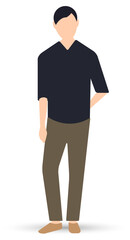 A young man with a parted hairdo wearing trousers and a black shirt. Flat vector character isolated on white background.