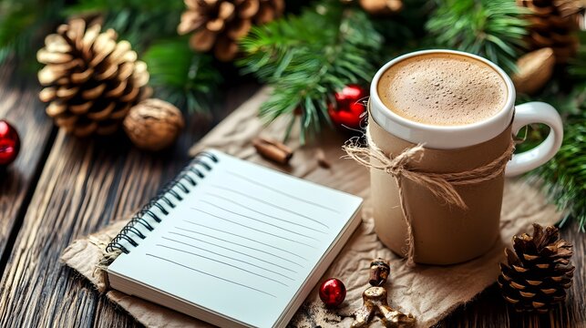 Cozy Christmas coffee with notebook.