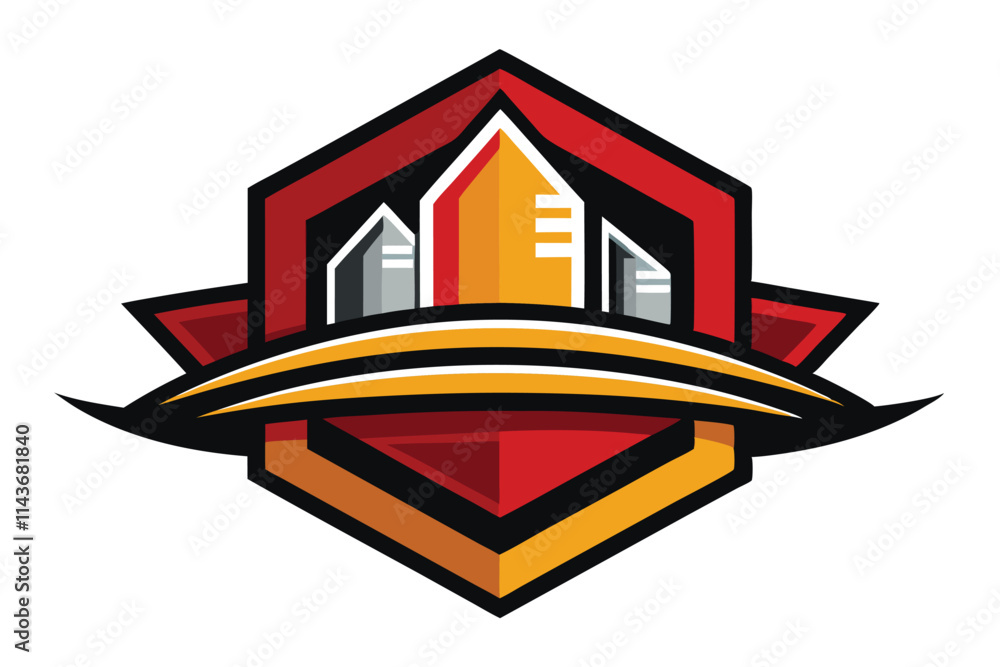 Poster a modern logo design features dynamic shapes representing urban architecture with bold colors popula