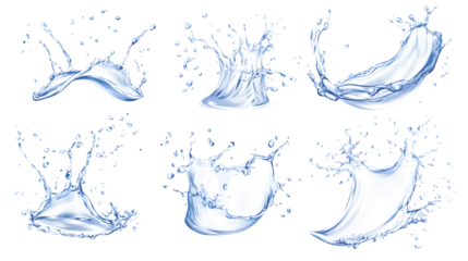 Set of fresh water splashes in various shapes, isolated on transparent
