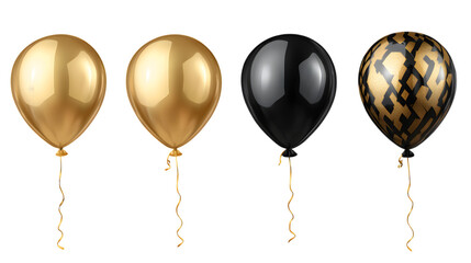 Set of golden and black festive balloons, isolated on transparent
