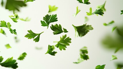 fresh parsley leaves floating in mid-air on white isolated background