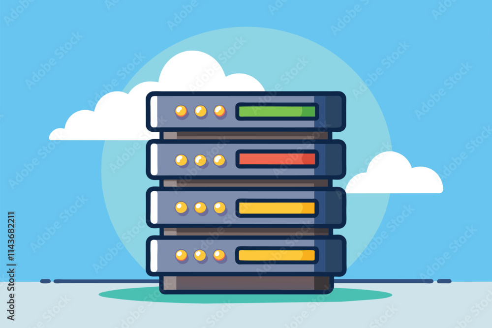 Poster a visual representation of a server stack displaying colored status indicators in a clear blue backg