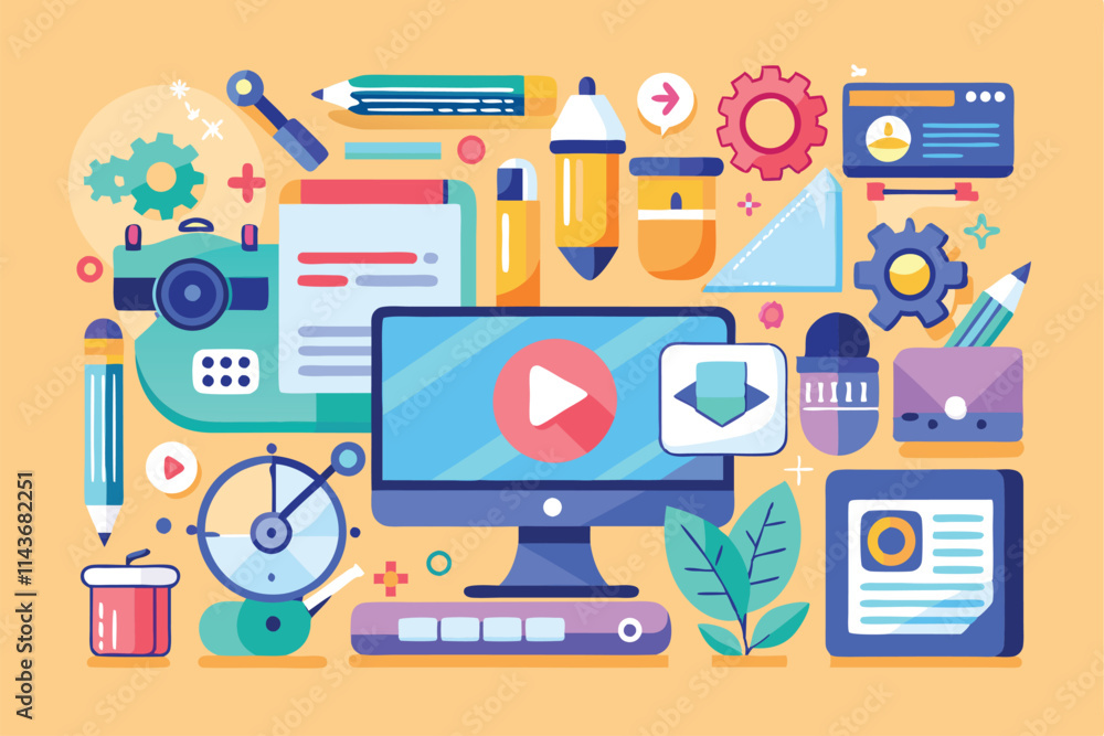 Poster a vibrant workspace displays digital tools, stationery, and technology for efficient content creatio