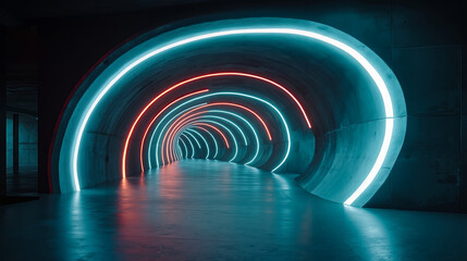 Fototapeta premium A long tunnel with neon lights in the middle of it