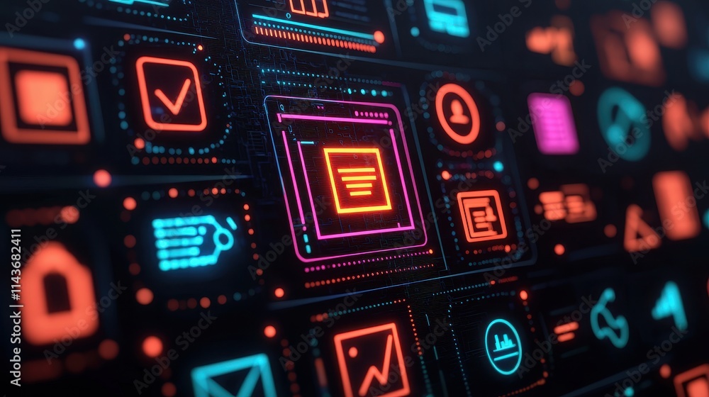 Poster colorful digital interface with icons and symbols on dark background