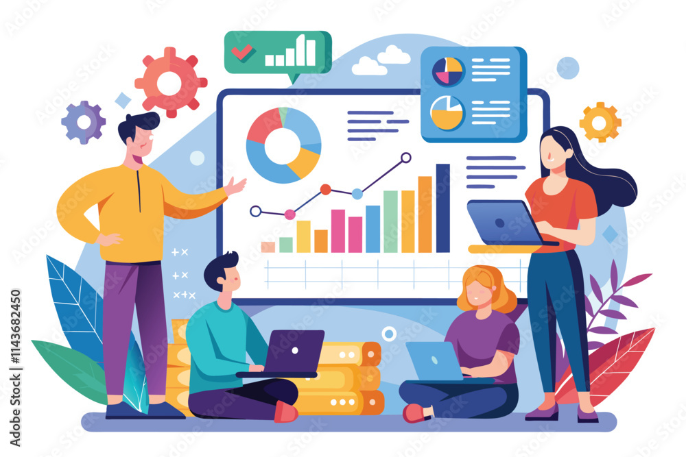 Poster a group of professionals works together, discussing a development analysis with colorful graphics an