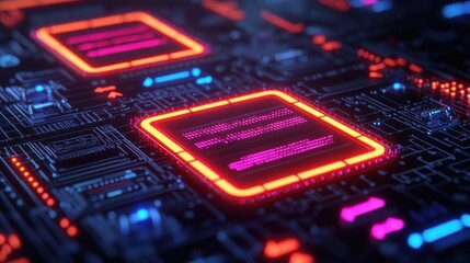 Futuristic Circuit Board with Neon Lights and Technology Elements