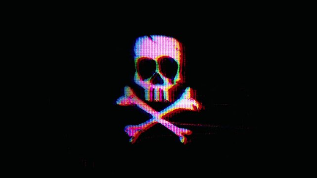 Skull and crossbones animation with abstract glitch effect. 4K quality footage