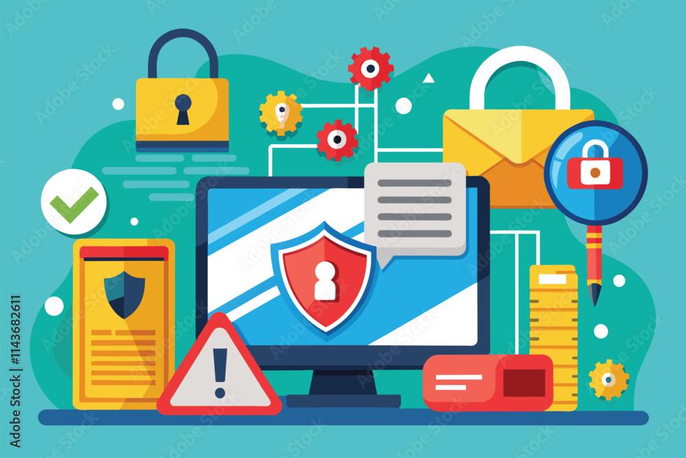 Poster a flat illustration showing an insecure privacy alert with security icons on a computer display priv