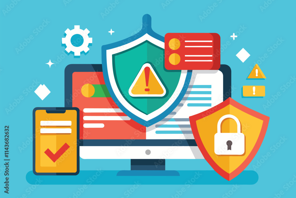 Poster an insecure privacy alert with shields, a computer display, and mobile device icons privacy alert is