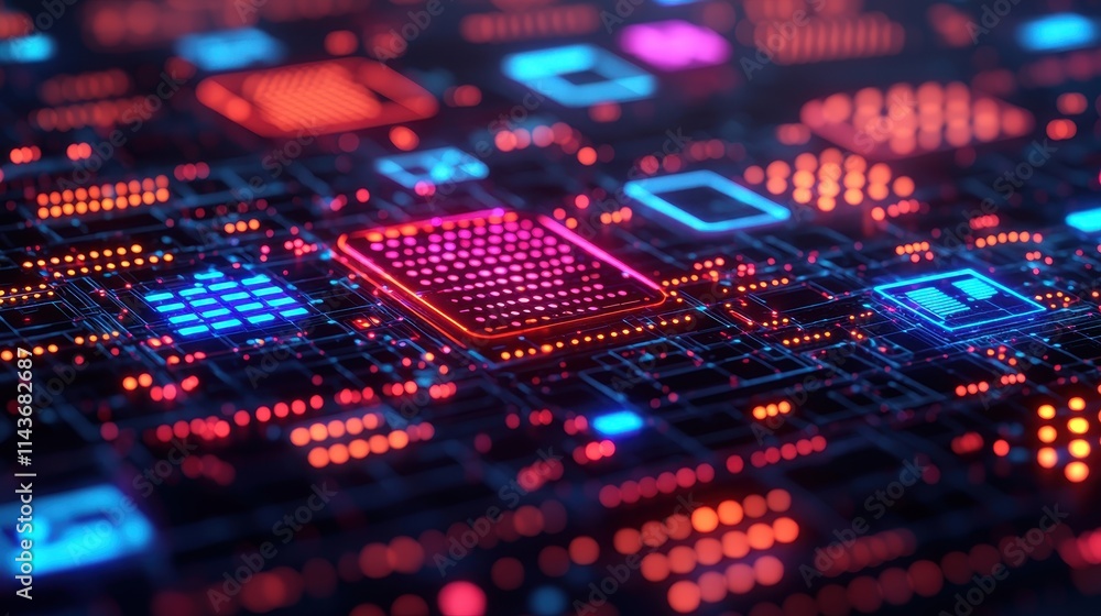 Poster futuristic digital technology background with neon circuit patterns