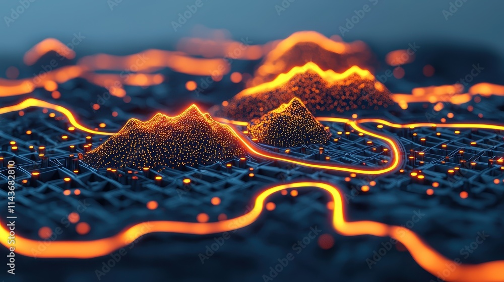 Poster abstract 3d rendering of mountain ranges and flowing lines of light