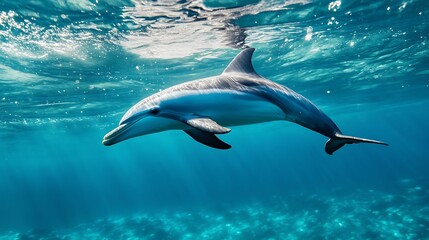 Obraz premium Dolphin swimming underwater. Concept of marine life, ocean wildlife, and aquatic animals.