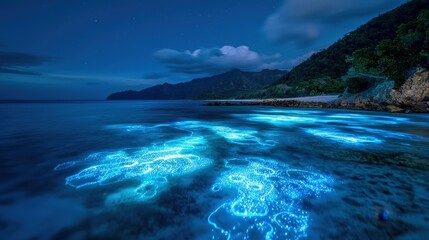 A coral reef at night illuminated by bioluminescent plankton and glowing fish.