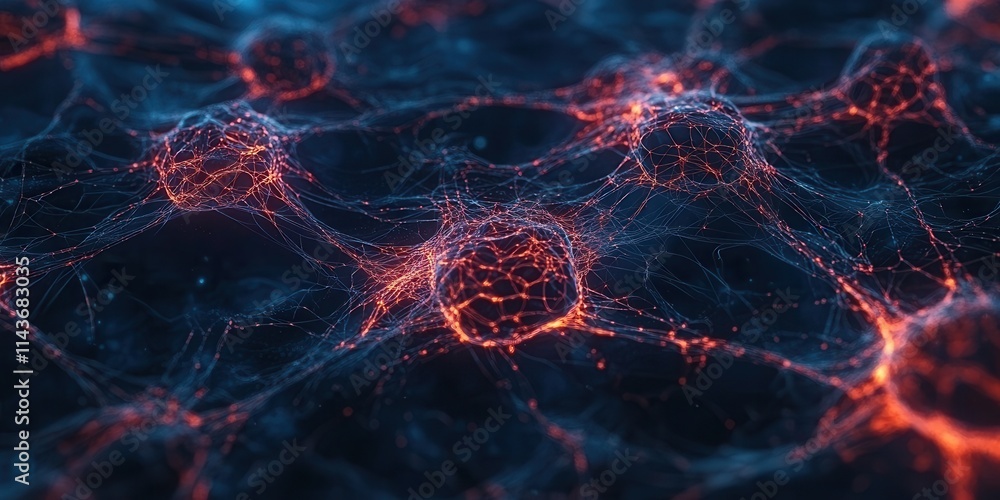 Poster A close-up view of a vibrant network of interconnected cells or neurons, showcasing intricate patterns and glowing connections in a dark background.