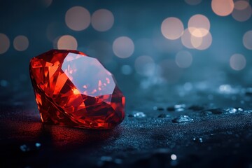 Fototapeta premium A macro view of a red gemstone with intricate facets, placed on a textured black surface. The blurred background