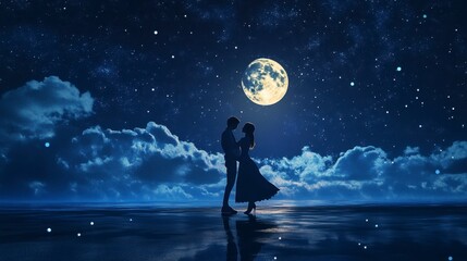 Romantic Couple Dancing Under Moonlight, Starry Night, Sea Reflection