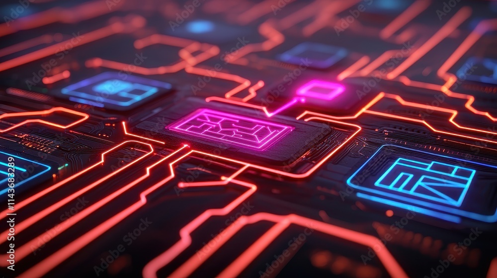 Poster abstract circuit board design with neon colors and futuristic elements