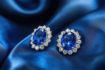A pair of luxurious blue sapphire earrings encrusted with diamonds, placed on a deep navy-blue silk fabric