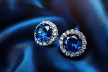 Fototapeta premium A pair of luxurious blue sapphire earrings encrusted with diamonds, placed on a deep navy-blue silk fabric
